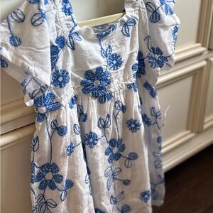 Kids White Dress with Blue Floral Embroidery